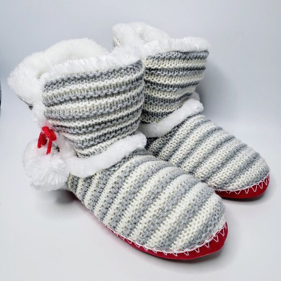 Totes Toasty Knitted Striped Furry Lined Memory Foam Boot Slippers M - Picture 1 of 10